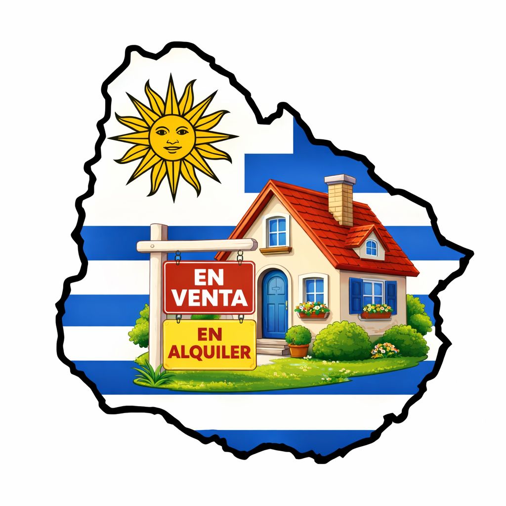Uruguay Vende y Alquila: logo con mapa de Uruguay y cartel de venta/alquiler